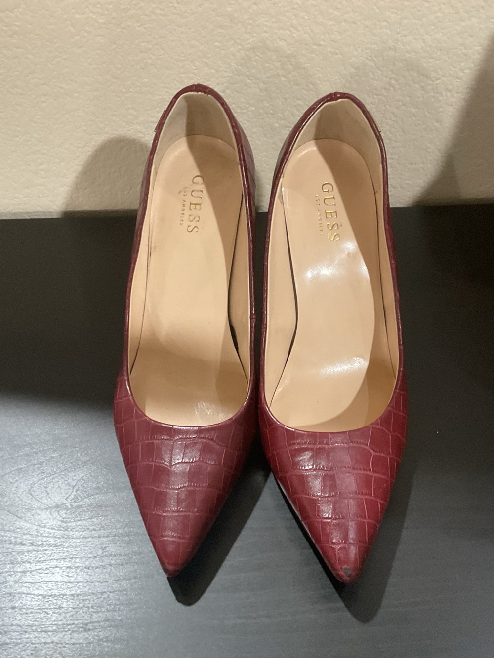Guess Burgundy Croc-Embossed Pointed Toe Pumps